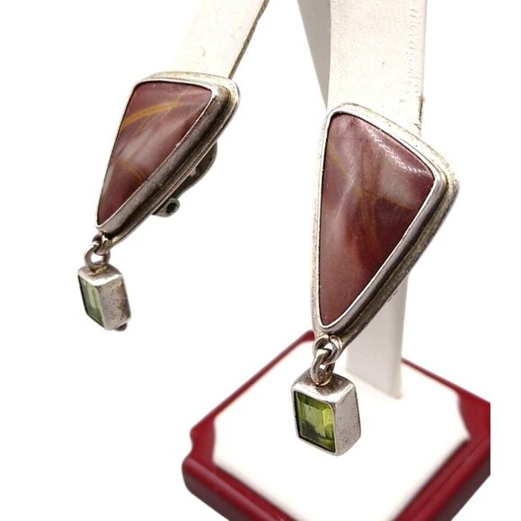 OOAK Obsidian Sterling Stone Earrings with Peridot Dangle, Vintage Mauve Natural - Picture 3 of 6